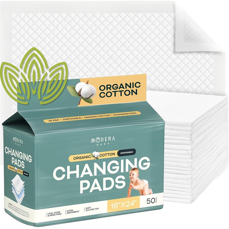 Modera Organic Cotton Disposable Changing Pad Liners | Large 18x24 Hypoallergenic Ultra Absorbent & Waterproof Super Soft, Quilted Underpads for Baby Diaper Table & Travel, Leak Proof & Mess Free [50-Pack] - Image 1